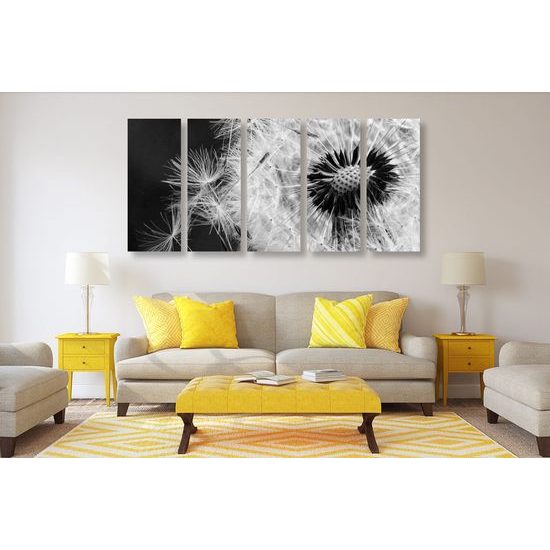 5-dílný obraz černobílá pampeliška ve větru
