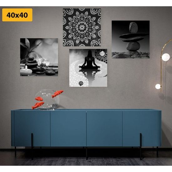 Set obrazů symboly Feng Shui v černobílém provedení