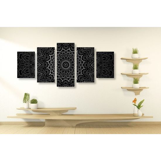 5-dílný obraz elegantní Mandala v černobílém provedení