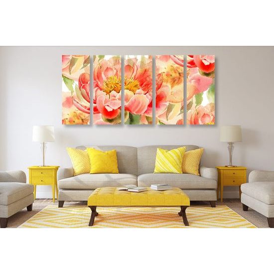 5-dílný obraz pivoní ve vintage provedení