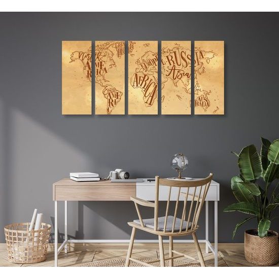 5-dílný obraz abstraktní mapa celého světa ve vintage provedení