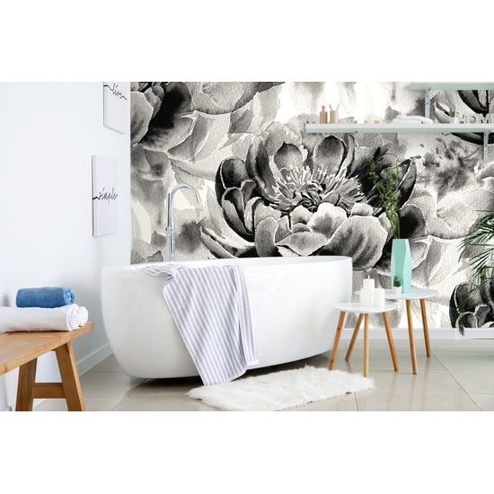 Okouzlující černobílá samolepící tapeta rozkvetlé pivoňky