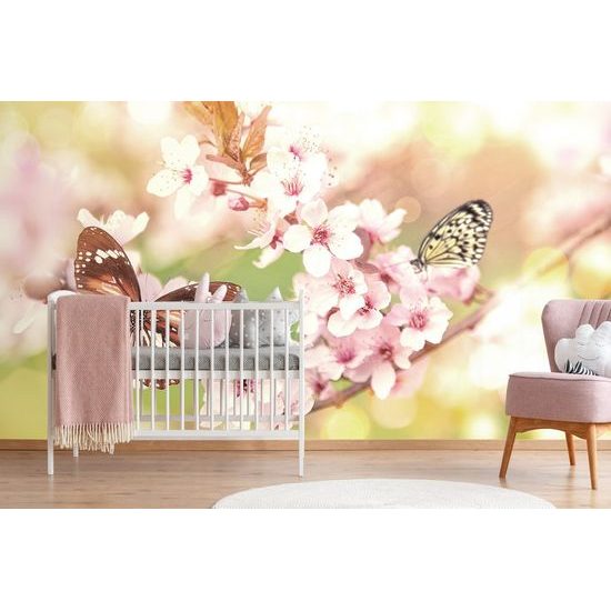 Samolepící tapeta motýli na větvi jarních květin