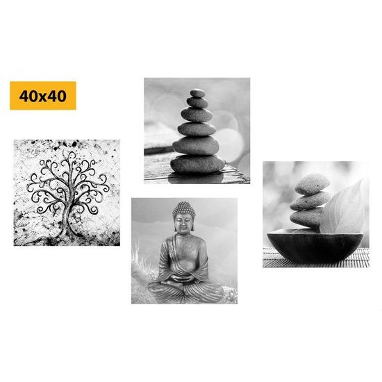 Set obrazů Feng Shui předměty v černobílém provedení