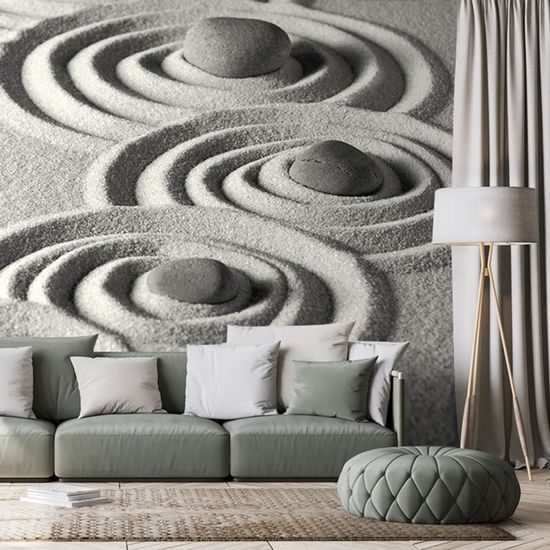 Samolepící fototapeta černobílé písečné kruhy se zen kameny