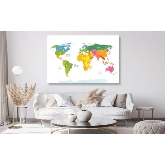 Obraz na korku poutavá mapa světa v okouzlujícím barveném provedení