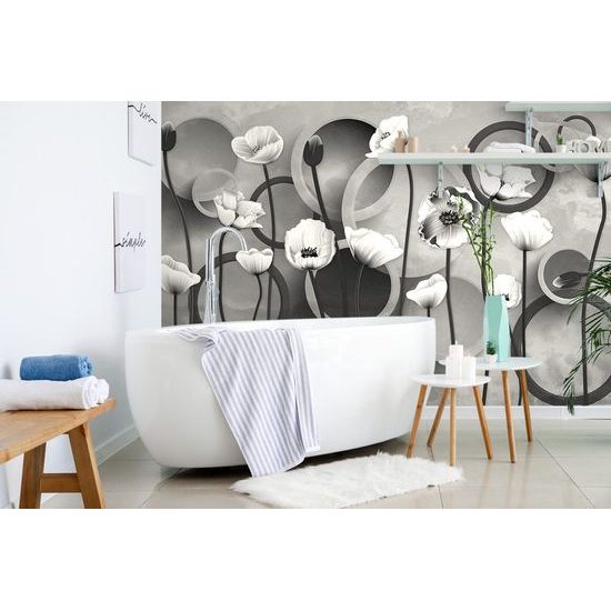 Samolepící tapeta černobílé květy máku s abstraktním pozadím