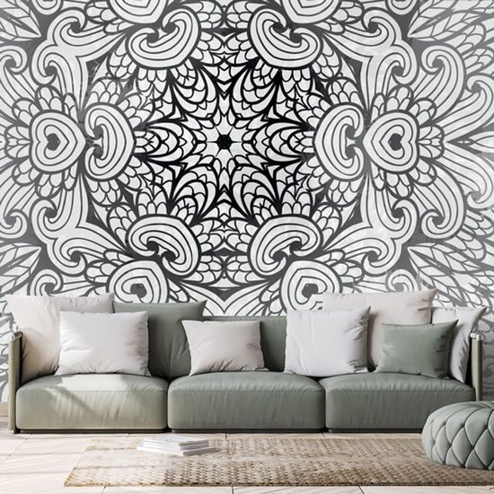 Tapeta obraz umělecká Mandala v černobílém provedení