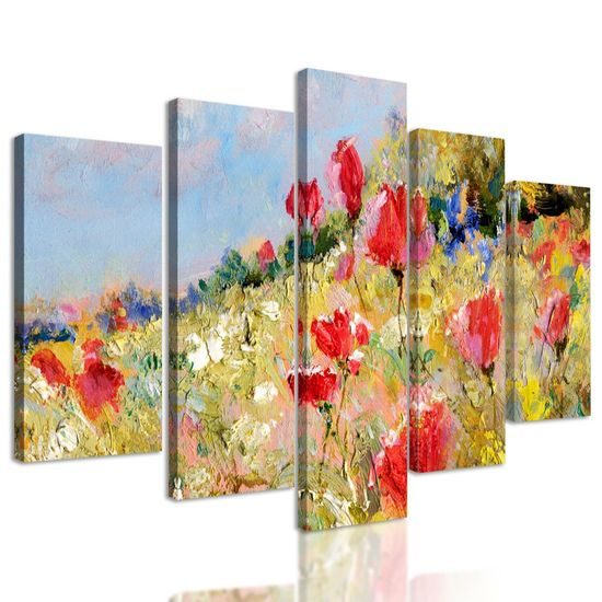 5-dílný obraz vlčí máky na louce