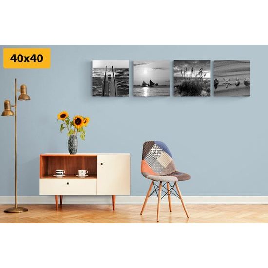 Set obrazů písečná pláž v černobílém provedení