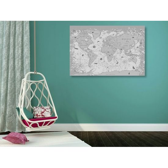 Obraz na korku mapa světa s historickým nádechem v černobílém provedení