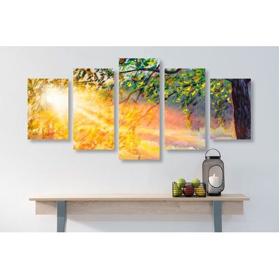 5-dílný obraz probouzející se les v paprscích slunce