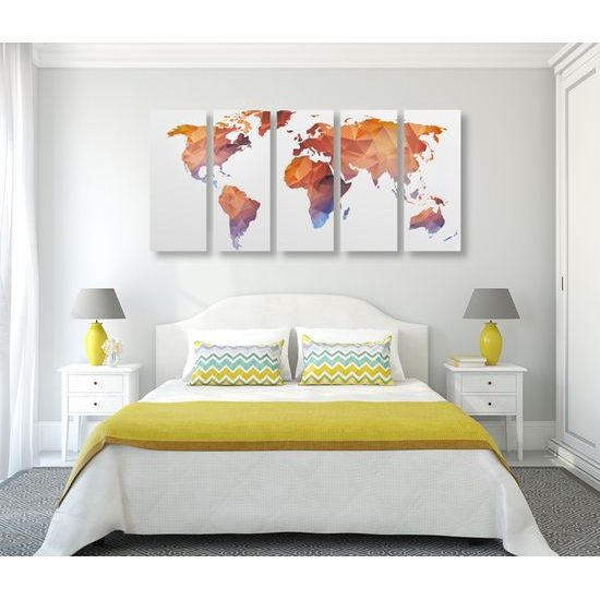 5dílný obraz oranžová mapa světa tvořená polygony