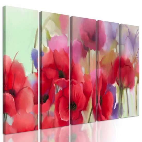 5-dílný obraz krásně malované máky