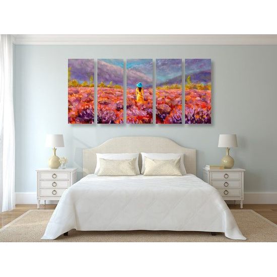 5-dílný obraz žena uprostřed květinové louky