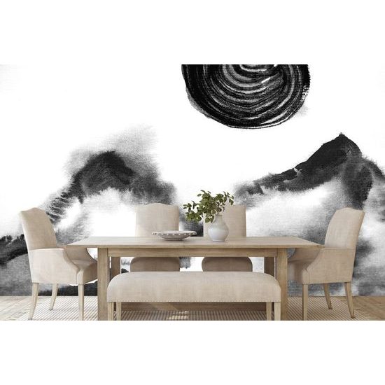 Samolepící tapeta malba japonských hor v černobílém provedení