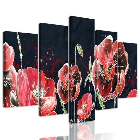5-dílný obraz malované vlčí máky na tmavém pozadí