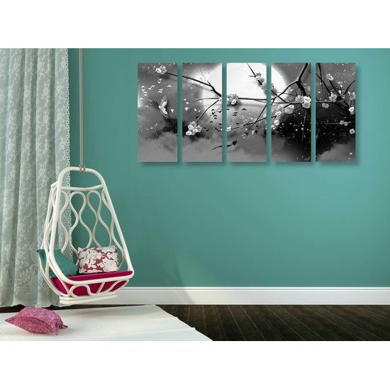 5-dílný obraz ptáčci létající za úplňku měsíce v černobílém provedení