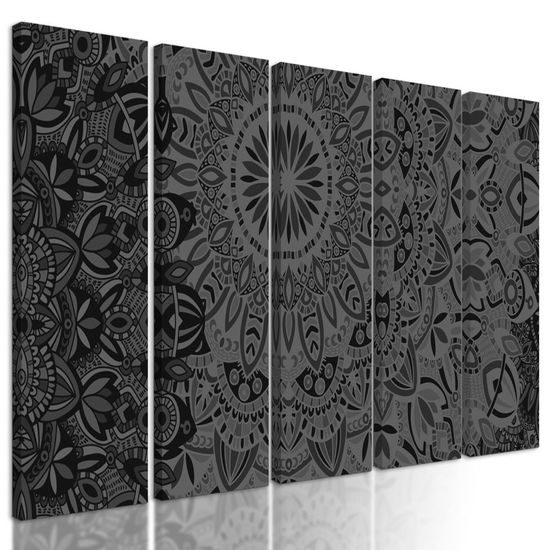 5-dílný obraz moderní Mandala v černobílém provedení