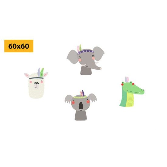 Set obrazů zvířecí kamarádi s indiánskými čelenkami