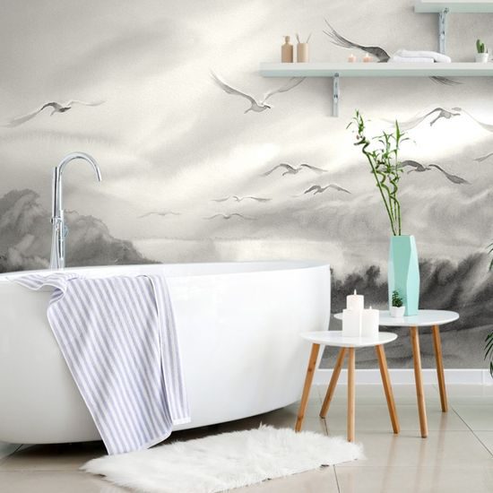 Tapeta odlétající ptáci nad jezerem v černobílém provedení