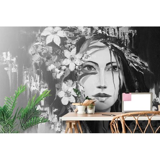 Tapeta černobílá malba dívky s květinami