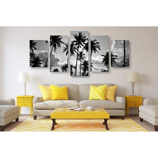 5-dílný obraz západ slunce v tropickém ráji v černobílém provedení