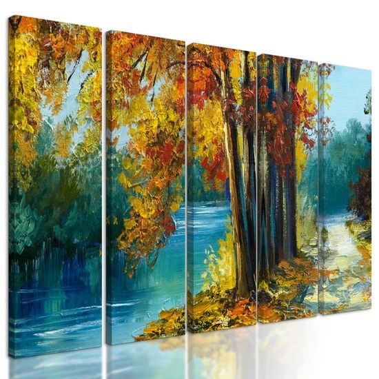 5-dílný obraz malované podzimní stromy u řeky