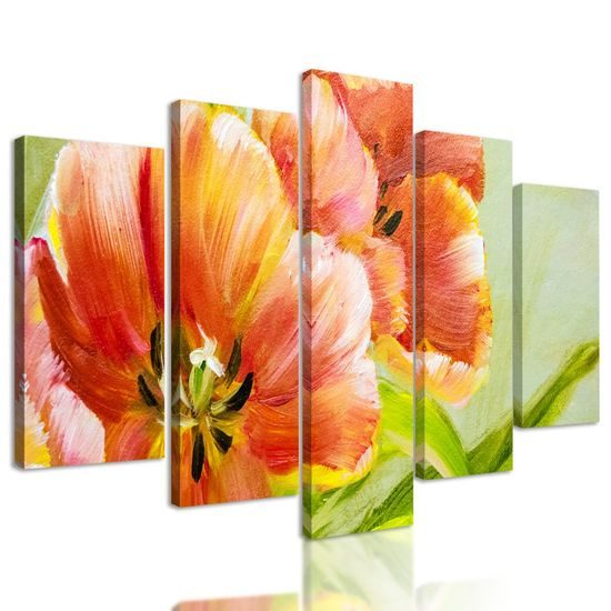 5-dílný obraz malované tulipány