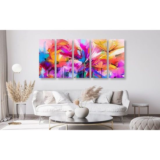 5-dílný obraz pestrobarevné abstraktní květiny