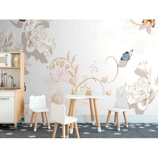 Samolepící tapeta zátiší s květinami a motýly ve vintage stylu