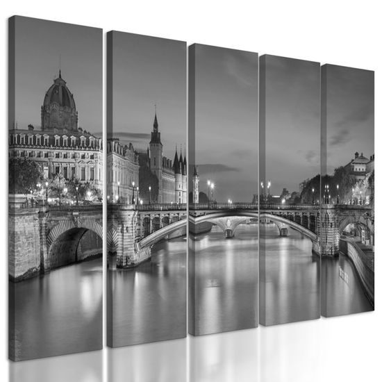 5-dílný obraz okouzlující noční Paříž v černobílém provedení