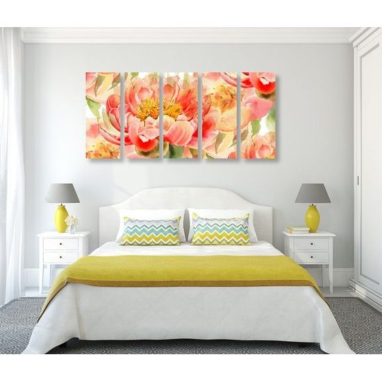 5-dílný obraz pivoní ve vintage provedení