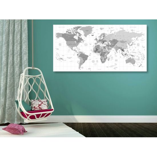 Obraz na korku přehledná šedá mapa světa na bílém pozadí