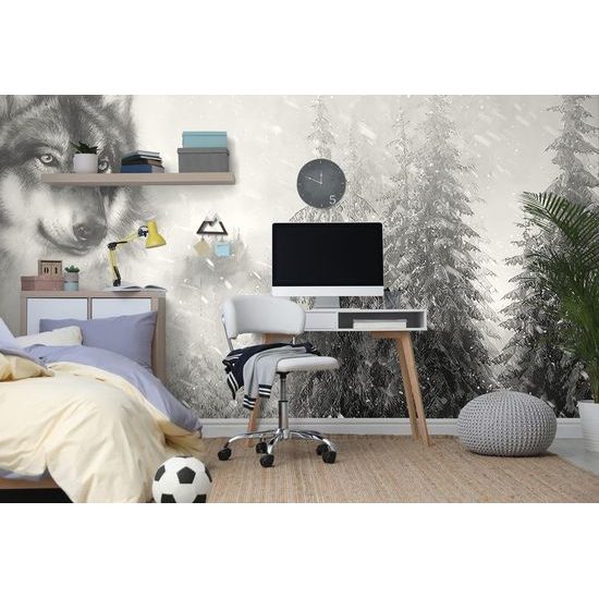 Samolepící tapeta černobílá malba vlka v zimní přírodě