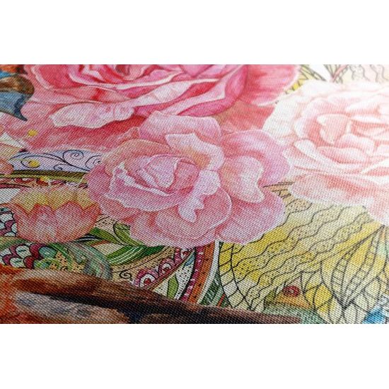 Obraz ptáček a pivoňky ve vintage provedení