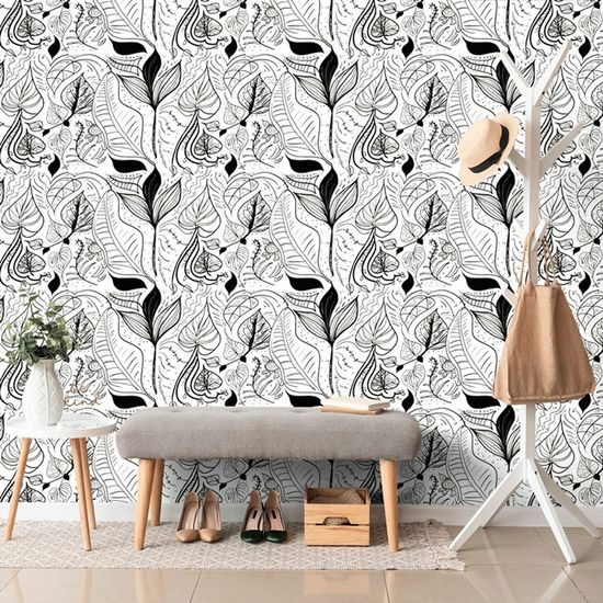 Tapeta umělecké listy v černobílém provedení