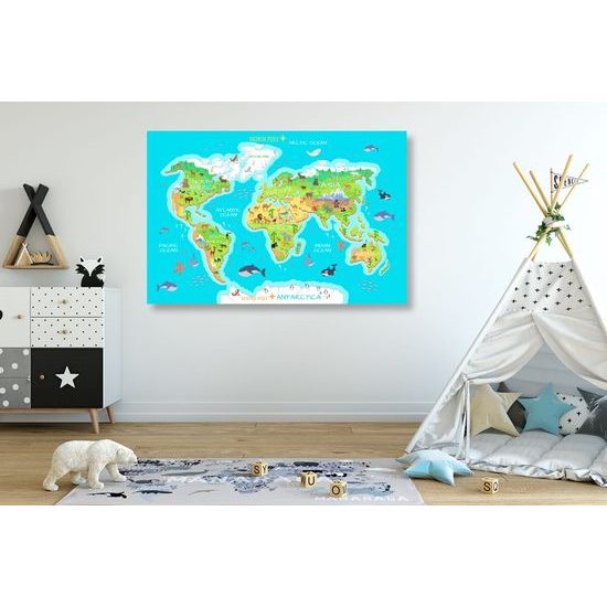 Obraz na korku mapa světa pro děti s kreslenými zvířátky