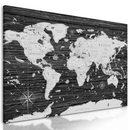 Kép történelmi világtérkép fa háttéren fekete-fehér kivitelben