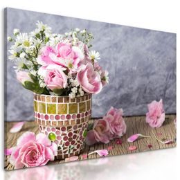 Kép mozaikos cserép rózsaszín szegfű virágokkal
