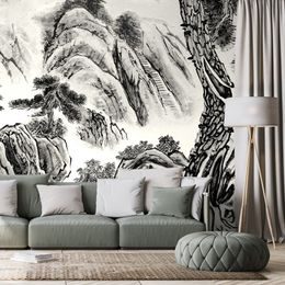 Öntapadó tapéta a kínai táj fekete fehér festménye