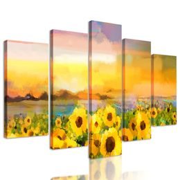 5 részes kép festett napraforgókkal teli mező
