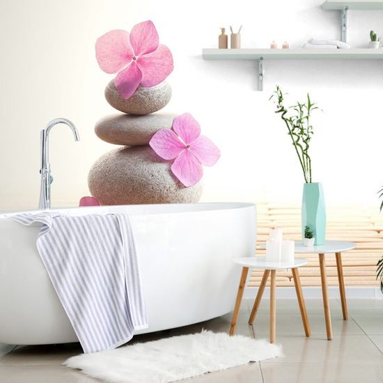 Öntapadó fotótapéta egyensúly kövek rózsaszín virágokkal