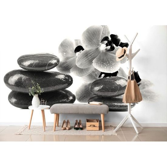 Öntapadó fotótapéta fekete-fehér masszázskövek orchideával