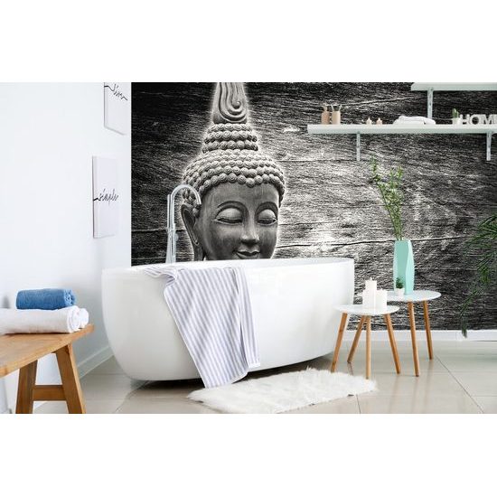 Fotótapéta Buddha fából készült háttérrel fekete-fehérben