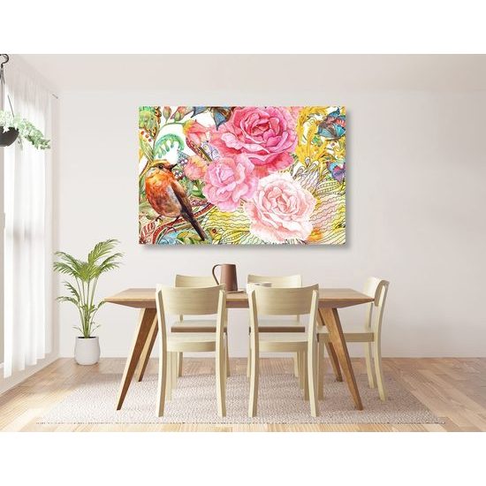 Kép madárka és pünkösdi rózsa vintage kivitelben