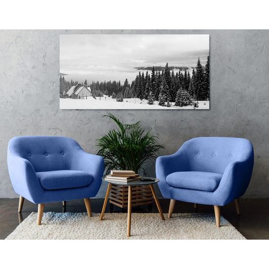 Kép házikó a havas táj közepén fekete-fehér kivitelben