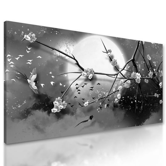 Kép repülő madárkák teliholdkor fekete-fehér kivitelben