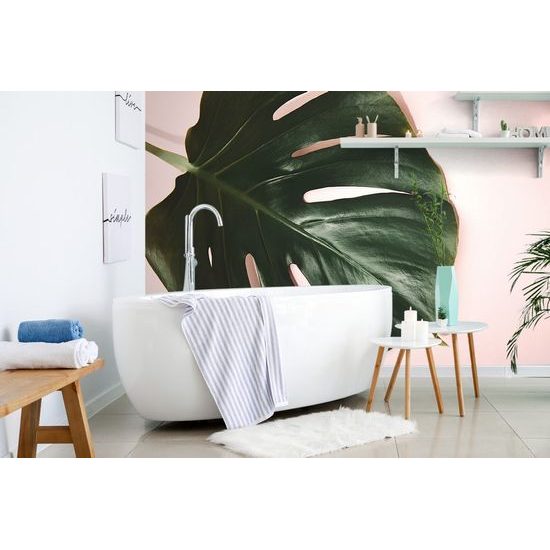Monstera levél tapéta rózsaszín alapon