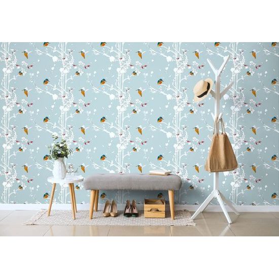 Tapéta madarak rózsabokrok kék alapon